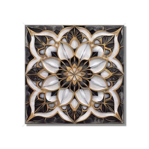 May include: A black and white mandala with gold accents. The mandala has a floral design with intricate details.