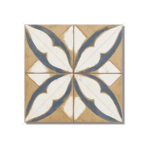 May include: Square tile with a floral design. The tile features a tan background with a white and blue floral pattern. The floral design is composed of four stylized petals, each outlined in blue and filled with white.