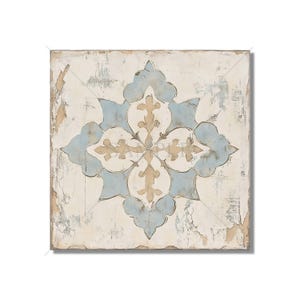May include: A square canvas wall art featuring a distressed white background with a blue and beige floral pattern. The design is reminiscent of a traditional tile.