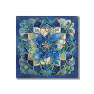 May include: Square wall art featuring a detailed floral mandala design. The artwork showcases a symmetrical pattern in shades of blue, teal, and gold, with a dark blue border. The design has a textured appearance, creating a sense of depth and intricacy.