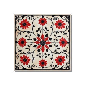 May include: A square canvas painting with a repeating pattern of red and black flowers on a cream background. The flowers are stylized and have a geometric design.