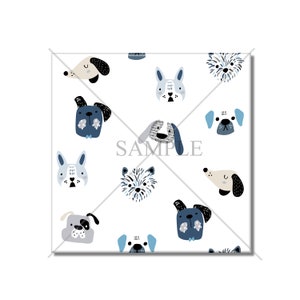 May include: A white background with a repeating pattern of blue and gray dog faces. The dogs are all different breeds and have different expressions. The word "SAMPLE" is printed in black across the center of the image.