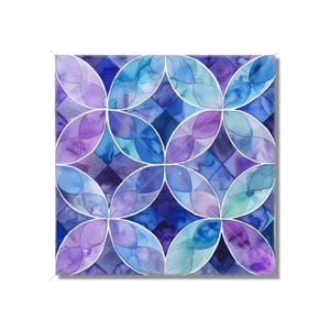 May include: A watercolor painting of a geometric pattern in shades of blue and purple. The pattern is made up of overlapping circles and squares.