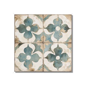 May include: A square ceramic tile with a distressed, vintage look. The tile features a repeating pattern of blue and white floral motifs on a beige background.