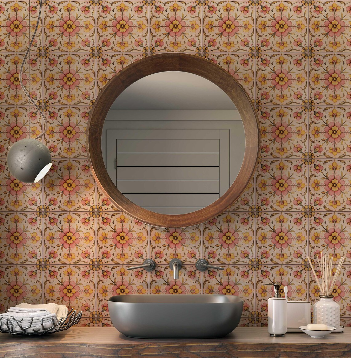 Pink Yellow Floral Ceramic Tile - Patterned Vintage Cottage Floral Tile ...