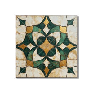 May include: A square tile with a geometric pattern in shades of green, gold, and white. The pattern is made up of interlocking shapes that create a sense of depth and movement.