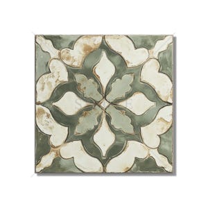May include: A square ceramic tile with a distressed, vintage look. The tile features a repeating pattern of green and white floral motifs.