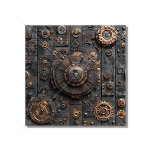 May include: A square metal wall art piece with a steampunk design. The piece is made up of various gears, cogs, and other metal parts in shades of brown and copper.