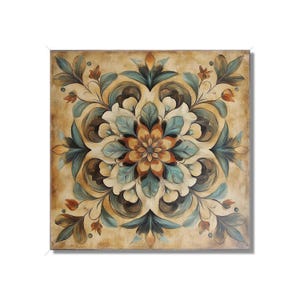 May include: A square canvas painting with a brown, blue, and white floral mandala design. The background is a light beige color.