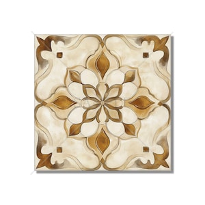 May include: A square tile with a brown and white geometric pattern. The pattern features a central flower with four petals and four smaller diamond shapes in the corners.