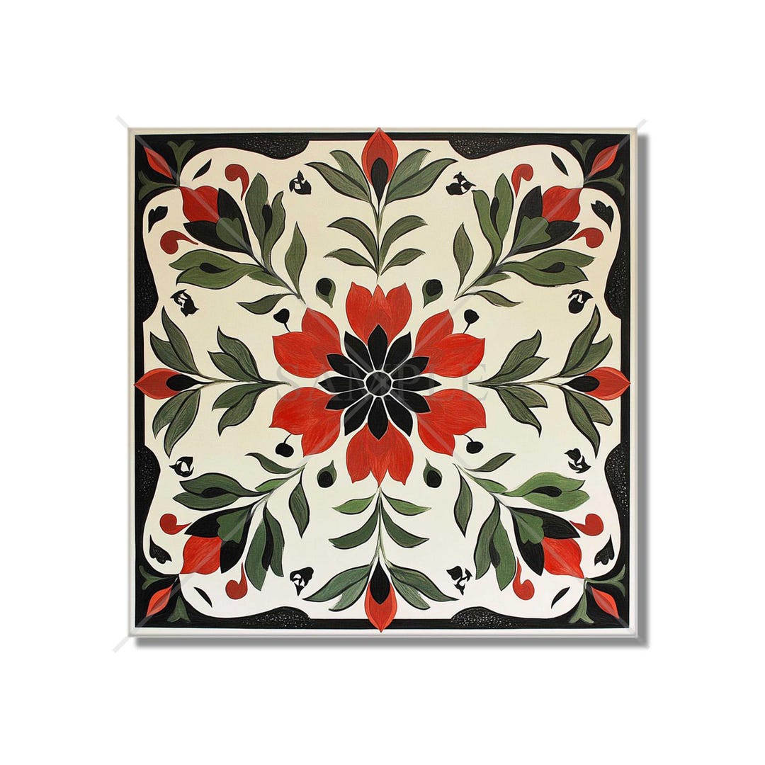 Red and Green Ceramic Tile - Vintage French Floral Design Tile ...