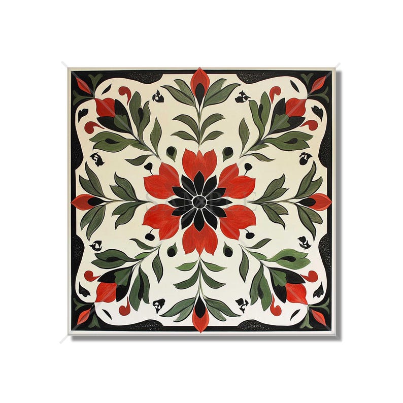 Red and Green Ceramic Tile - Vintage French Floral Design Tile ...