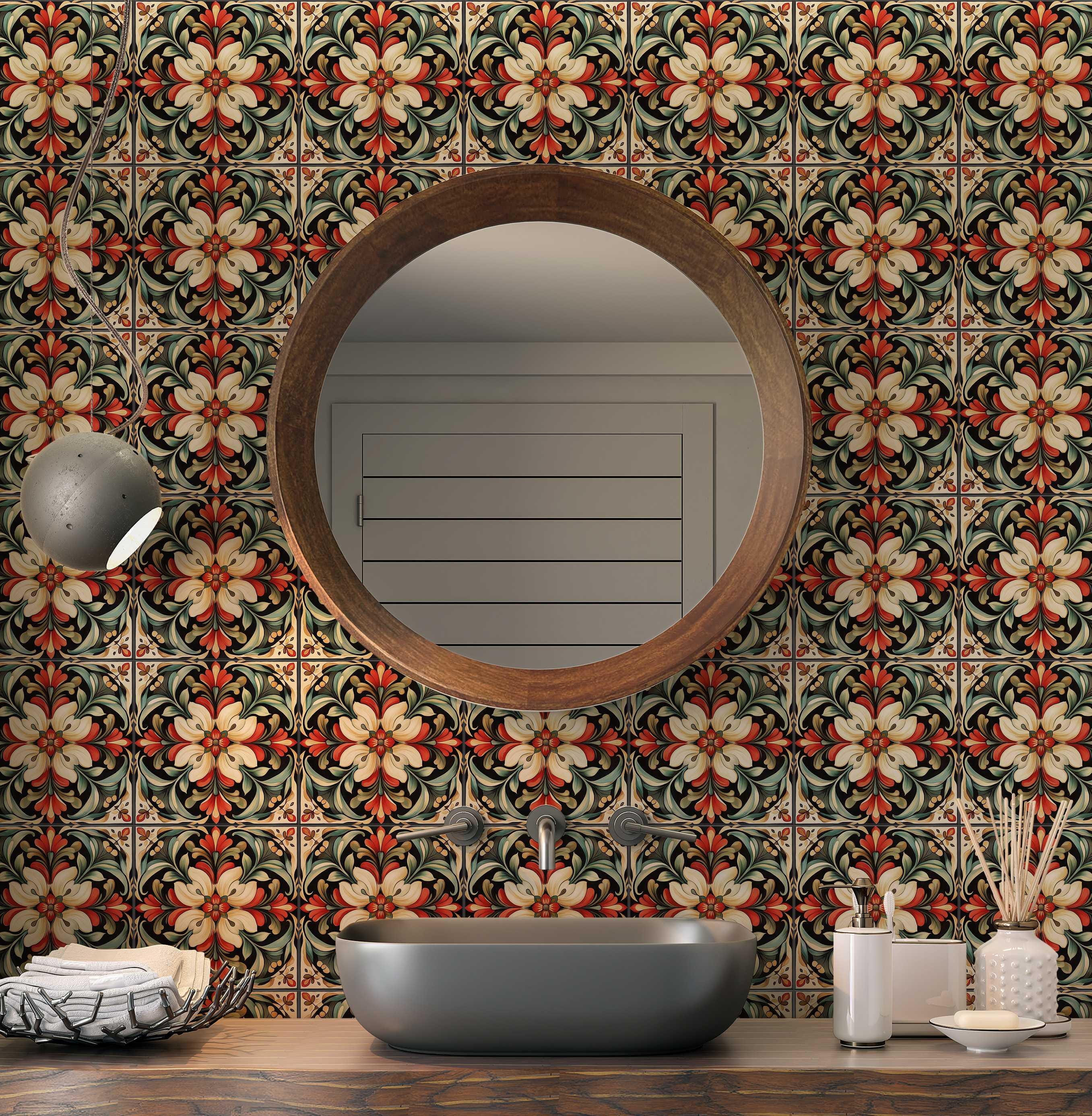 Cream Red Green Floral Ceramic Tile - Patterned Floral Design Tile ...
