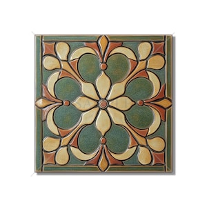 May include: A square ceramic tile with a green background and a white floral design. The flower has a central circle and four petals. The tile has a brown border.