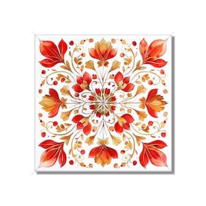 May include: A watercolor painting of a symmetrical floral design with red and gold flowers and leaves. The design is centered on a white background.