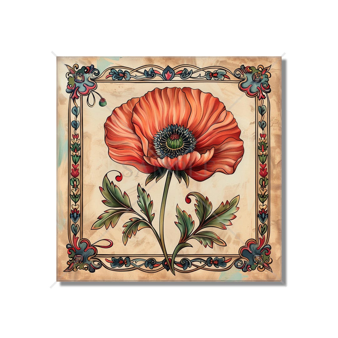 Poppy Glass Tile Poppy Flower Design Ceramic Accent Tile - Floral Design Kitchen Accent ...
