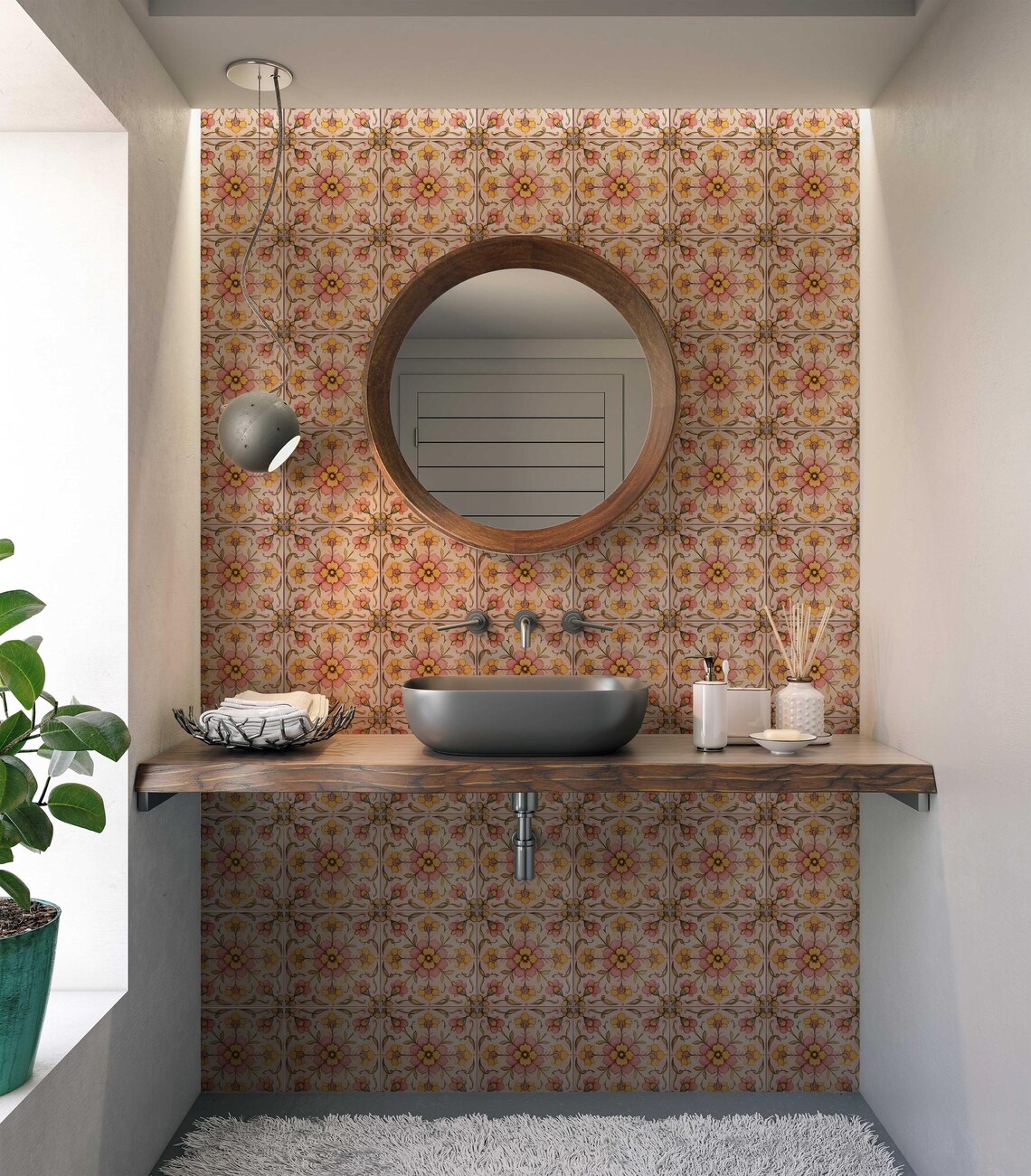 Pink Yellow Floral Ceramic Tile - Patterned Vintage Cottage Floral Tile ...