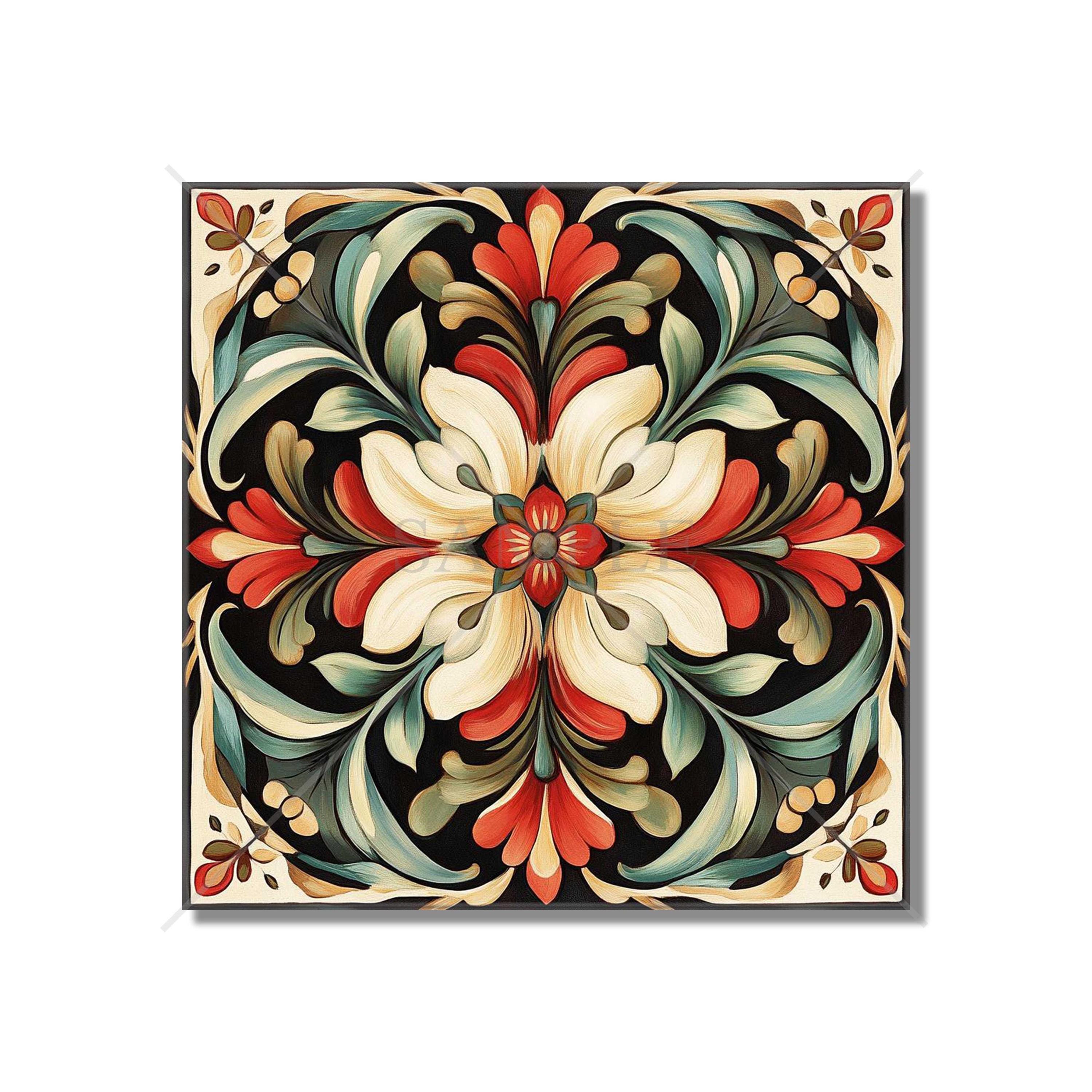 Cream Red Green Floral Ceramic Tile - Patterned Floral Design Tile ...