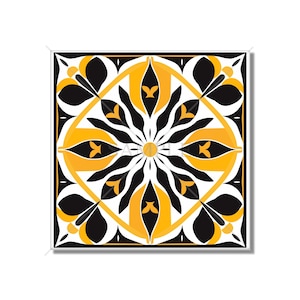 May include: A black and yellow geometric tile with a repeating pattern of stylized flowers and leaves. The tile has a white background and a symmetrical design.