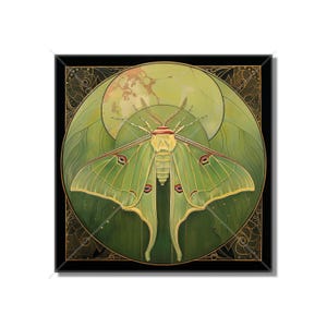 May include: A green luna moth with red eyes and a yellow body is depicted in a circular frame with a green and gold design. The moth is centered in the frame and its wings are spread out.