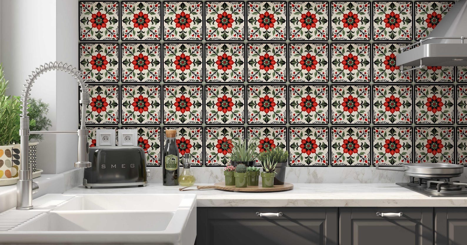Red and Green Ceramic Tile - Vintage French Floral Design Tile ...