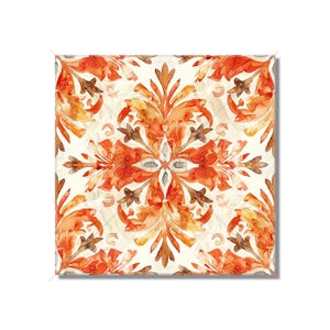 May include: A square tile with a repeating pattern of orange and brown floral designs on a white background.