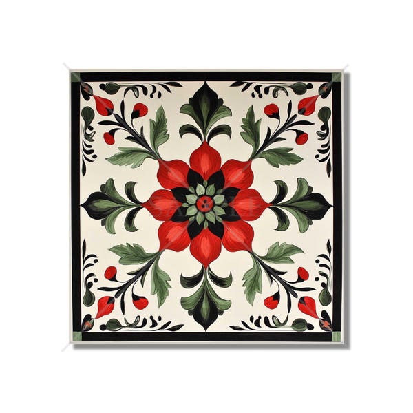 Red And Green Ceramic Tile - Vintage French Floral Design Tile - Kitchen Backsplash Tile Bathroom Wall Tile - Tile