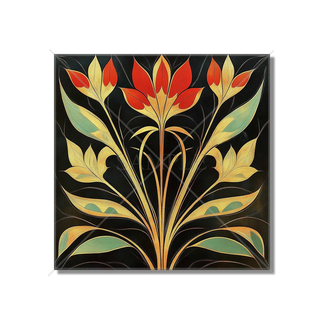 Black Green Red Floral Ceramic Tile - Vintage Art Nouveau Design ...