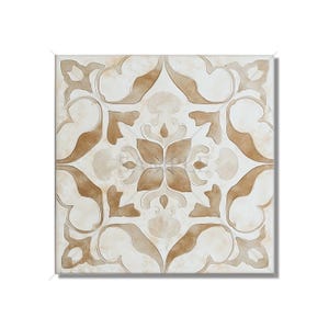 May include: Square ceramic tile with a symmetrical floral pattern in shades of beige and brown. The design features stylized leaves and a central flower, suitable for flooring or wall decor.