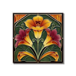 Green Orange Wine Red Floral Ceramic Tile - Vintage Art Nouveau Design Kitchen Backsplash Tile Bathroom Wall Tile Fireplace Ceramic Tile