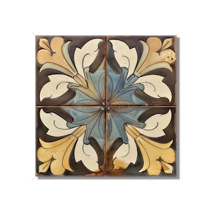 Ceramic Tile Kitchen Backsplash Tile - Blue Gold Decorative Medallion Art Nouveau Design Bathroom Tile Antique Reproduction Tile