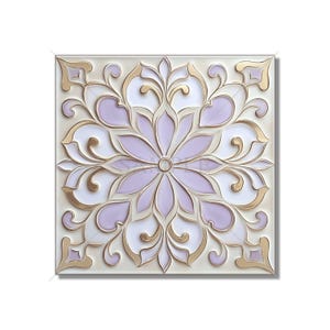 May include: A square tile with a decorative design featuring a purple and white floral pattern with gold accents.