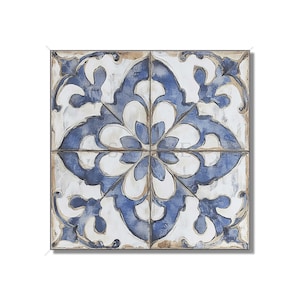 May include: A square tile with a blue and white floral pattern. The tile has a distressed, vintage look.