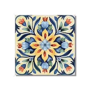 May include: A square tile with a yellow, blue, and orange floral pattern. The tile has a symmetrical design with a central flower surrounded by leaves and smaller flowers.