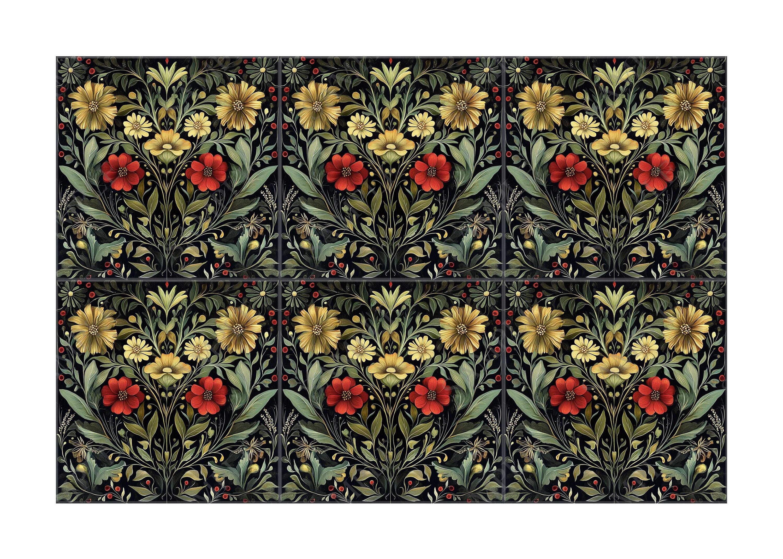 Red and Green Floral Ceramic Tile - Vintage French Floral Design Tile ...