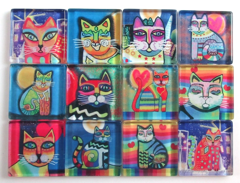 Jewelry Tiles 25mm Square Funky Cats Glass Mosaic Tiles Bright Colors 1 Inch Mosaic Tiles Glass Mosaic Tiles 12 Pieces Mosaic Tiles