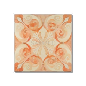 May include: A square tile with a repeating pattern of orange and white swirls. The tile has a vintage, hand-painted look.