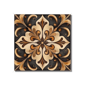 May include: A square tile with a brown, cream, and gold floral pattern on a black background.