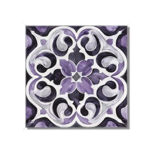 May include: A square tile with a purple and white floral design. The tile has a black background and features intricate swirls and patterns.
