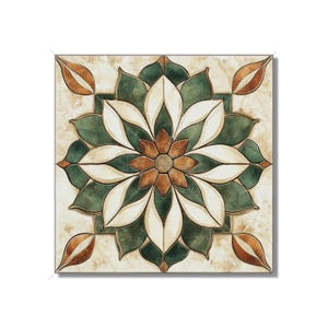 May include: A square ceramic tile with a green, white, and brown floral design. The tile has a mandala-like pattern with a central flower surrounded by petals.