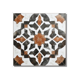 May include: A square tile with a geometric pattern in shades of brown, black, and white. The pattern is reminiscent of a traditional Moroccan design.