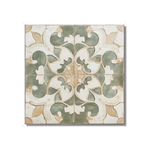 May include: Square decorative tile featuring a symmetrical floral design. The tile is composed of four smaller tiles, each with a repeating pattern in shades of white, green, and beige. The design has a vintage or antique aesthetic, suitable for home decor.