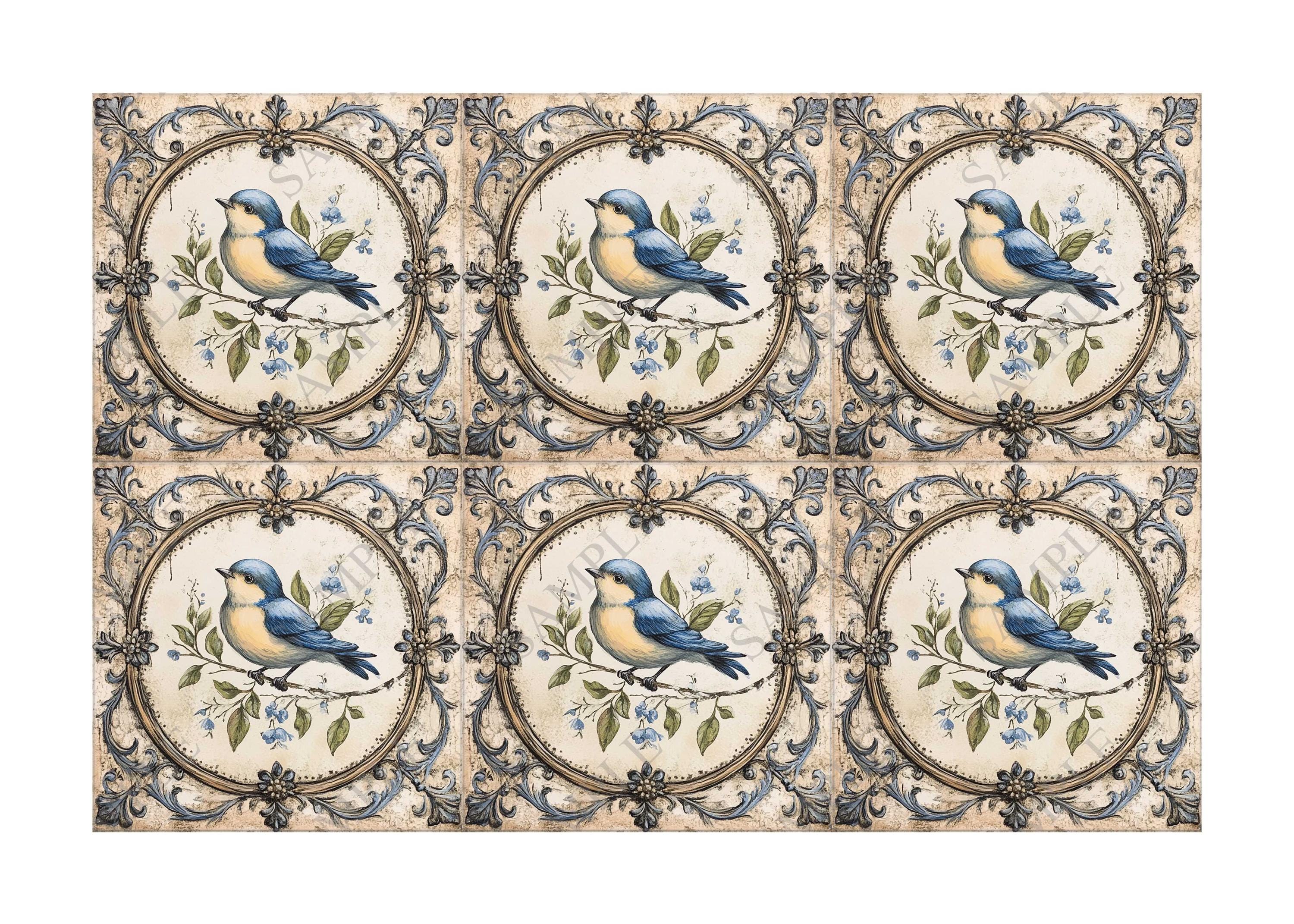 Vintage Bird Design Ceramic Tile - Ceramic Tiles With Birds - Blue Bird ...
