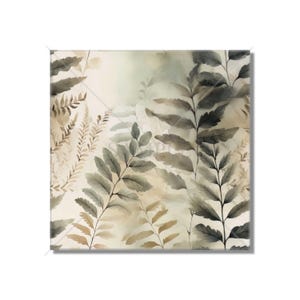 May include: A watercolor painting of leafy ferns in shades of green and brown on a cream background.