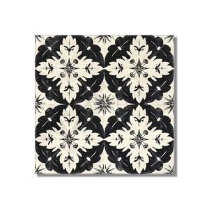 May include: Black and white tile with a repeating pattern of stylized flowers and leaves. The tile has a distressed, vintage look.