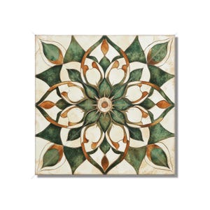 May include: A square tile with a green and brown floral design. The tile has a white background and a central circle with a brown center.