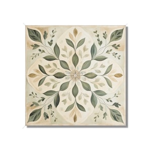 May include: A square canvas painting with a symmetrical design of green leaves and branches on a cream background.