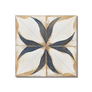 May include: Square tile with a floral design. The tile features a white background with a dark blue, stylized flower pattern. The edges have a distressed, tan border, giving it a vintage appearance. The tile is likely for use in home decor.