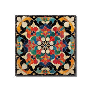 May include: Square decorative tile with a colorful floral pattern. The design features a central flower with red, blue, and green petals, surrounded by a black border with yellow and cream-colored accents. The tile has a vintage, mosaic-like appearance.