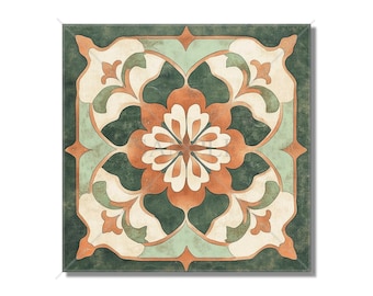 Könnte beinhalten: Eine quadratische Fliese mit einem floralen Muster in Grün, Orange und Weiß. Die Fliese hat einen Vintage-Look mit Abnutzungserscheinungen.